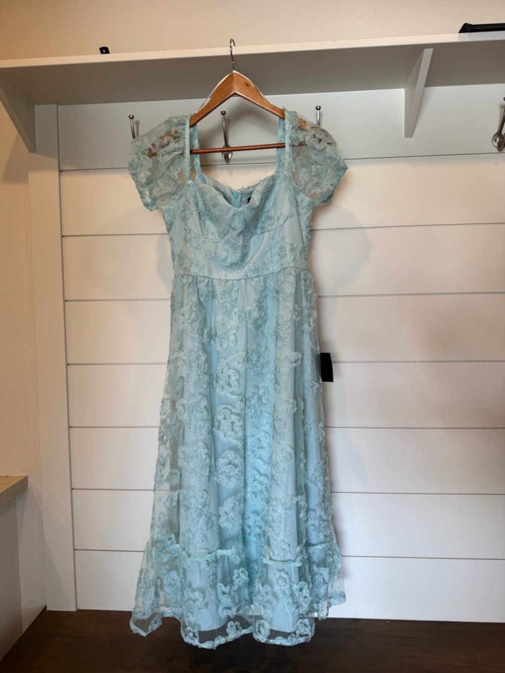NWT Lulus Notable Elegance Mint Mesh Floral Applique Bustier Midi Dress Large - Picture 4 of 10